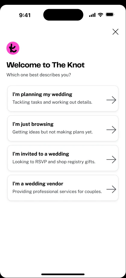 Welcome to The Knot intent-routing screen asking &ldquo;Which one best describes you?&rdquo; with options for planning a wedding, browsing, being invited to a wedding, or being a wedding vendor.